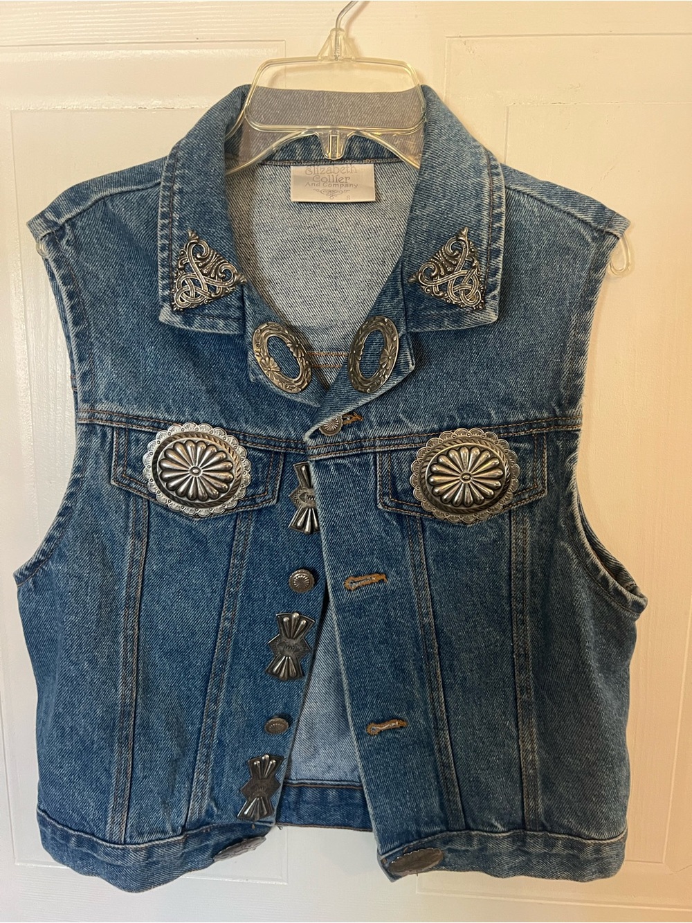 Vintage Denim Western Vest with Silver Concho Accents - Blue